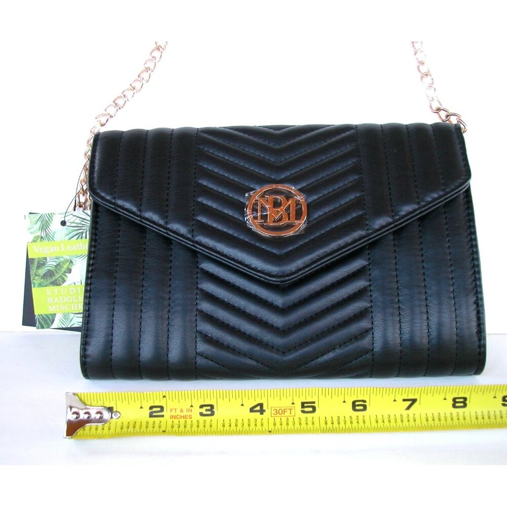 Badgley Mischka Black Quilted Vegan Leather Crossbody Bag With Gold Chain Strap